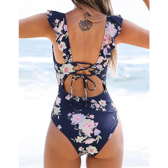 NEW โจ Women's V Neck One Piece Swimsuit Ruffled Lace Up Monokini โจ - Picture 3 of 4